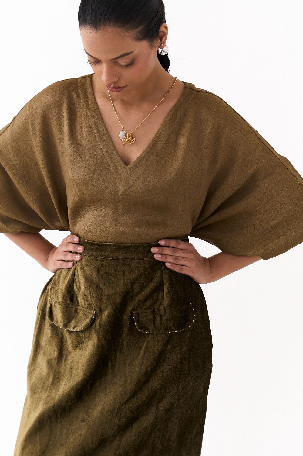 LONG KAFTAN CO-ORD (SET OF 2)-DARK OLIVE