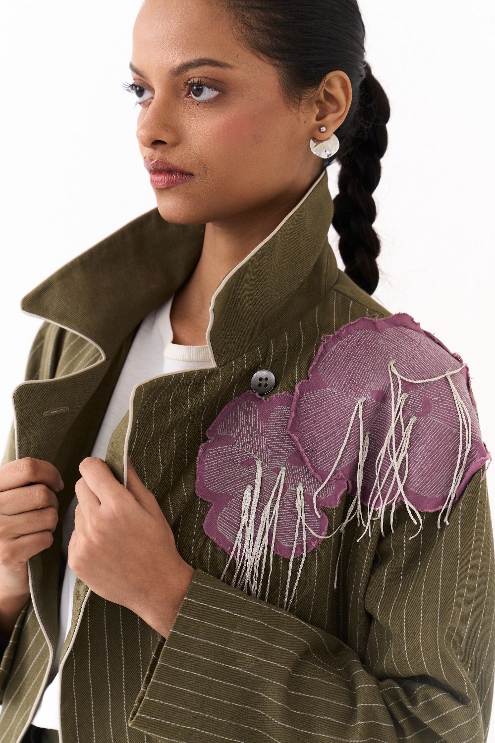 EMB FLORAL PATCH JACKET CO ORD (SET OF 2)-OLIVE