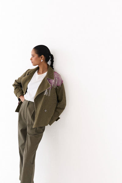 EMB FLORAL PATCH JACKET CO ORD (SET OF 2)-OLIVE