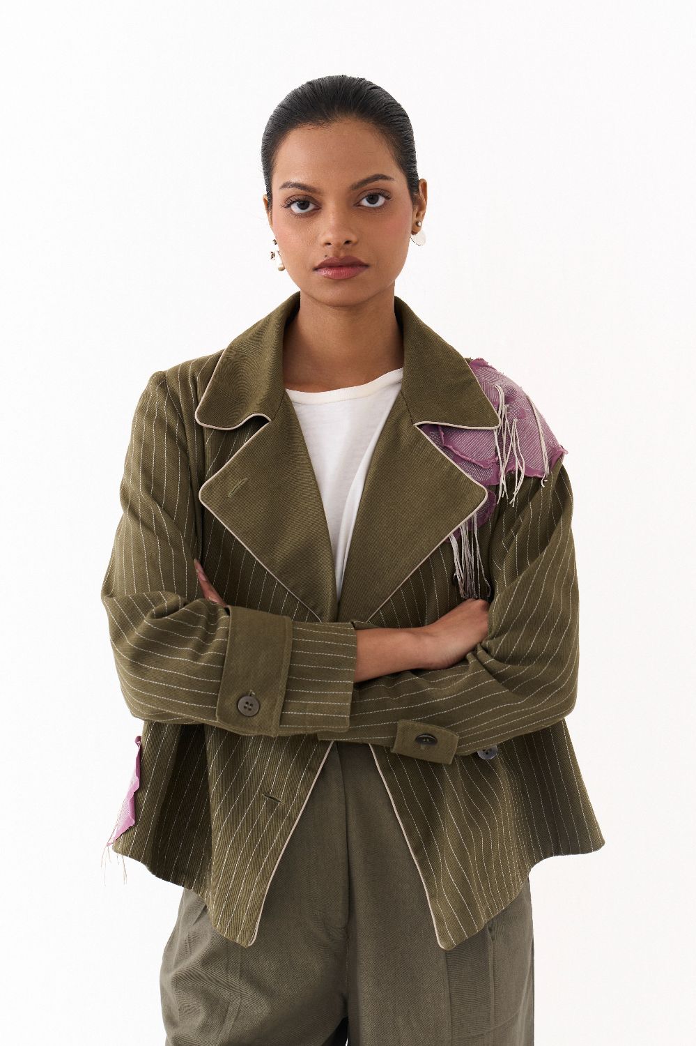 EMB FLORAL PATCH JACKET CO ORD (SET OF 2)-OLIVE