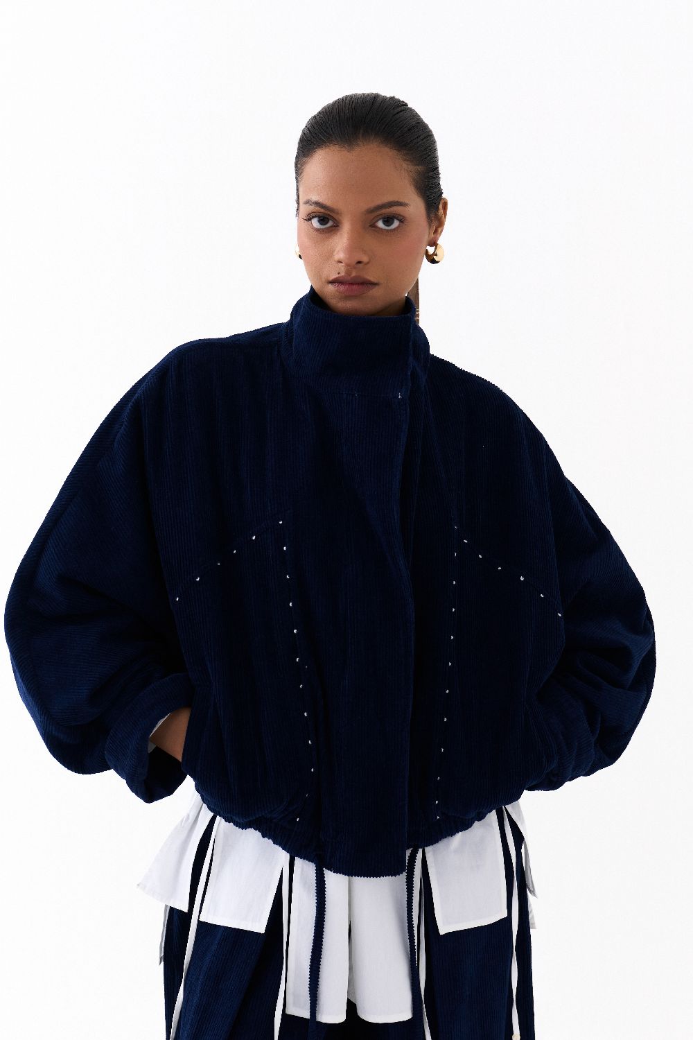 DRAWSTRING BOMBER JACKET-NAVY