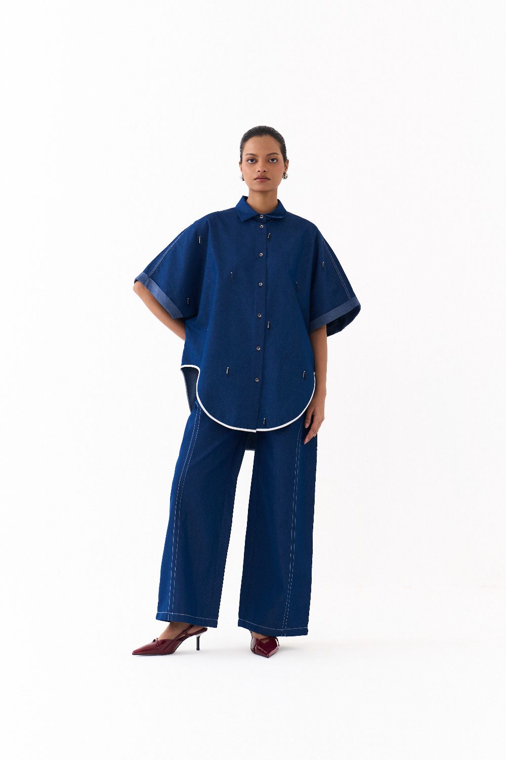 EMB. U-HEM SHIRT CO ORD
(SET OF 2)-DENIM BLUE