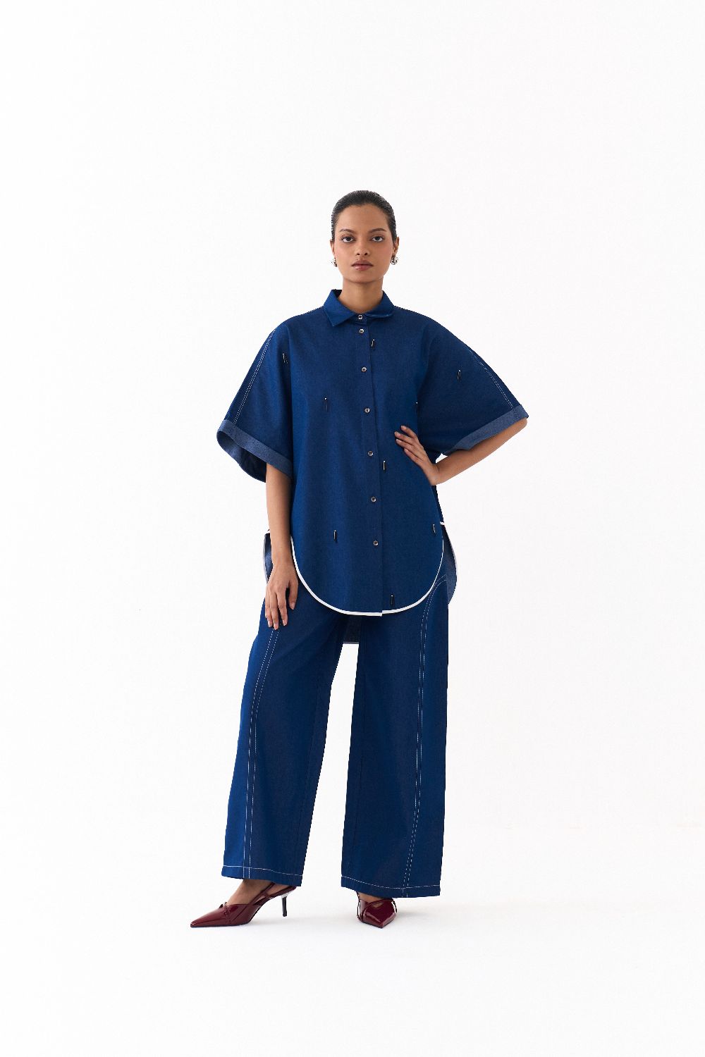EMB. U-HEM SHIRT CO ORD
(SET OF 2)-DENIM BLUE