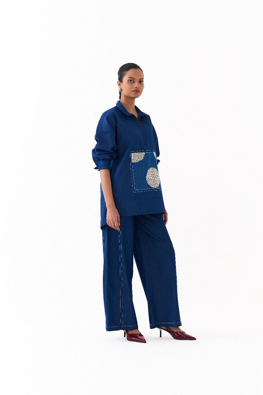 PATCH U HEM TOP CO ORD (SET OF 2)-DENIM BLUE