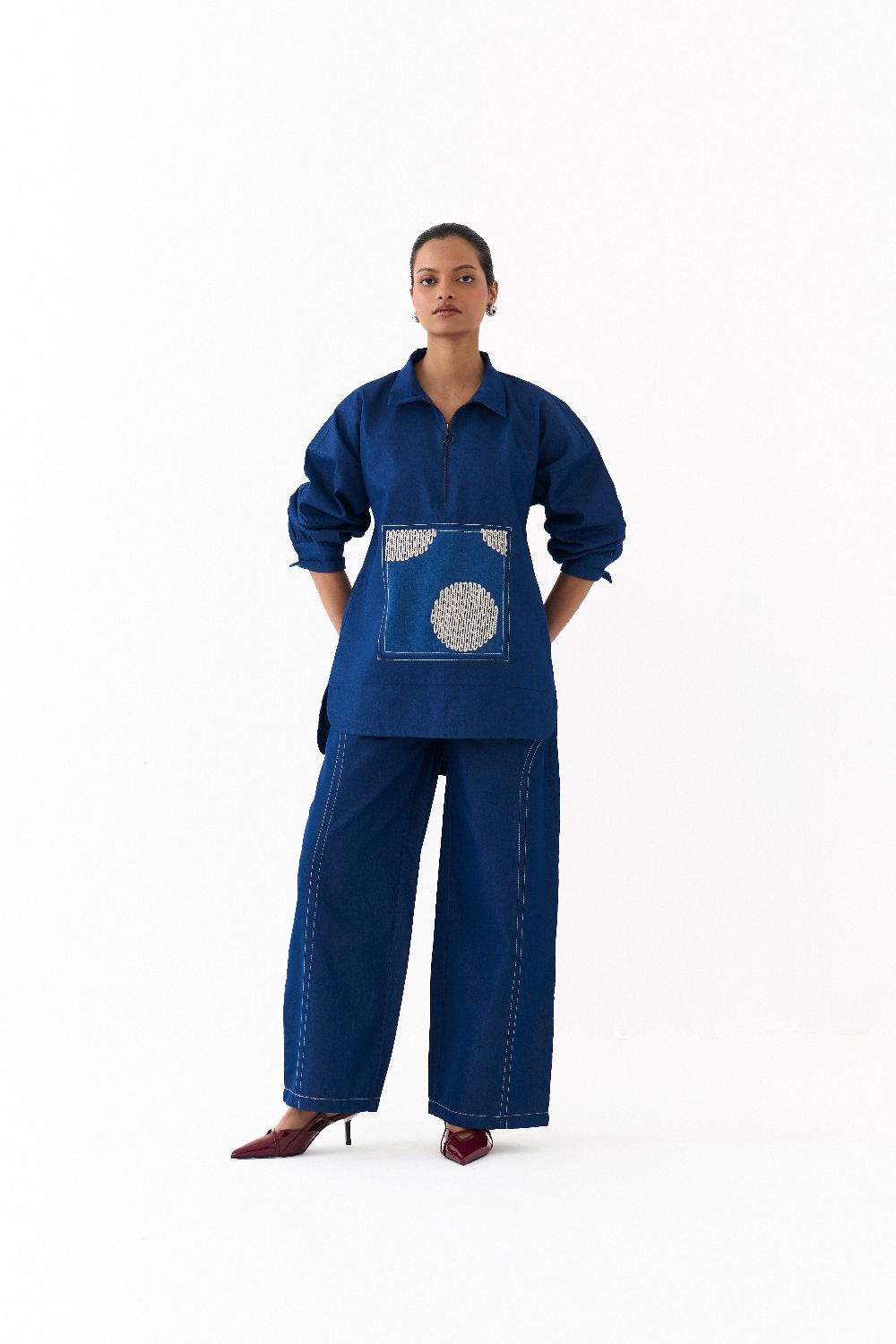 PATCH U HEM TOP CO ORD (SET OF 2)-DENIM BLUE