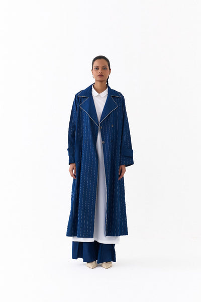 DOUBLE BREASTED TRENCH OVERLAY CO ORD 
(SET OF 3)-DENIM BLUE & WHITE