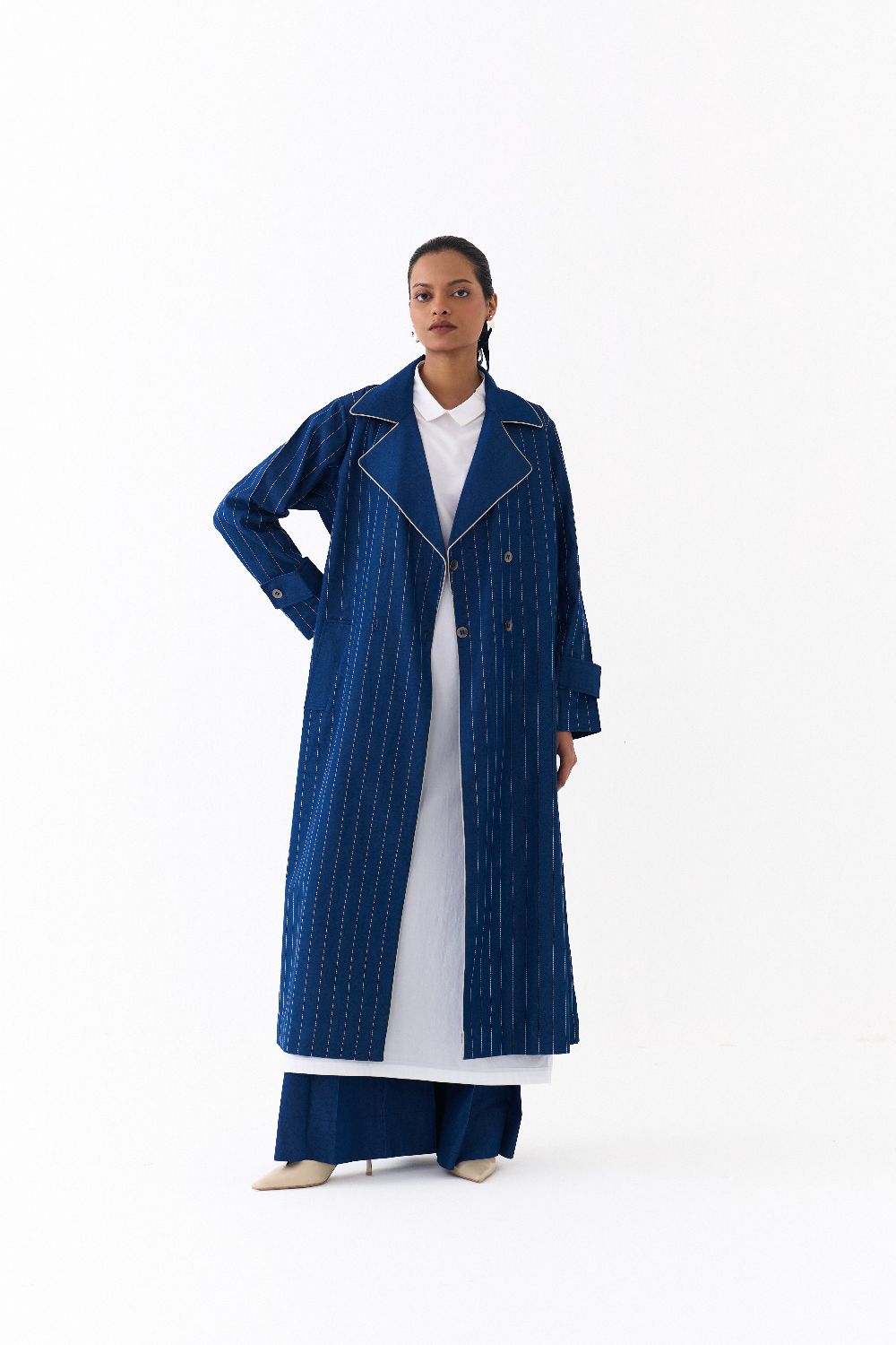 DOUBLE BREASTED TRENCH OVERLAY-DENIM BLUE