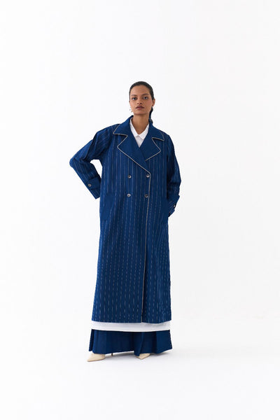 DOUBLE BREASTED TRENCH OVERLAY CO ORD 
(SET OF 3)-DENIM BLUE & WHITE
