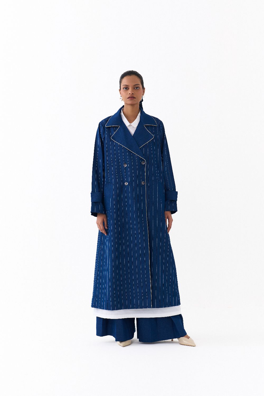 DOUBLE BREASTED TRENCH OVERLAY CO ORD 
(SET OF 3)-DENIM BLUE & WHITE