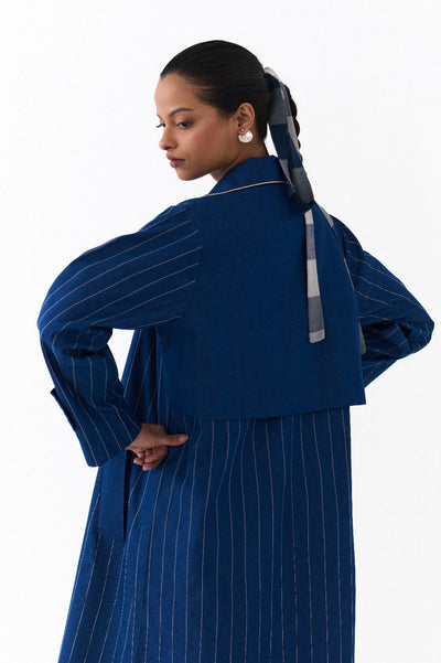 DOUBLE BREASTED TRENCH OVERLAY CO ORD 
(SET OF 3)-DENIM BLUE & WHITE