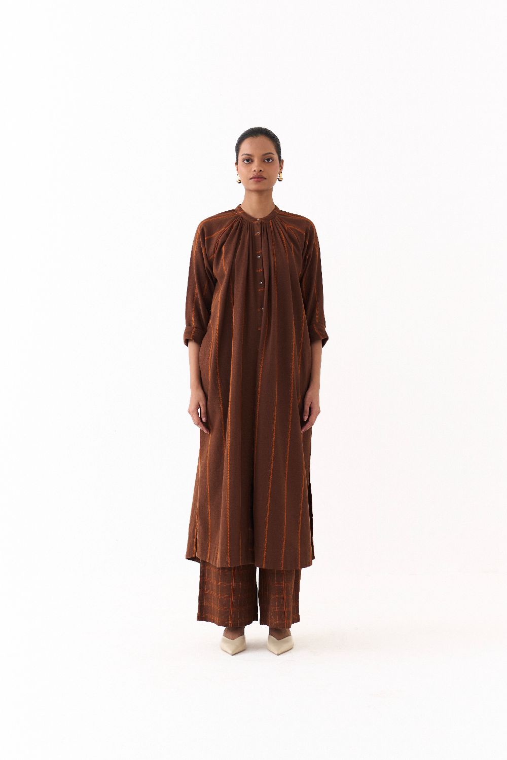 GATHER NECK CO ORD (SET OF 2)-BROWN AND RUST STRIPE