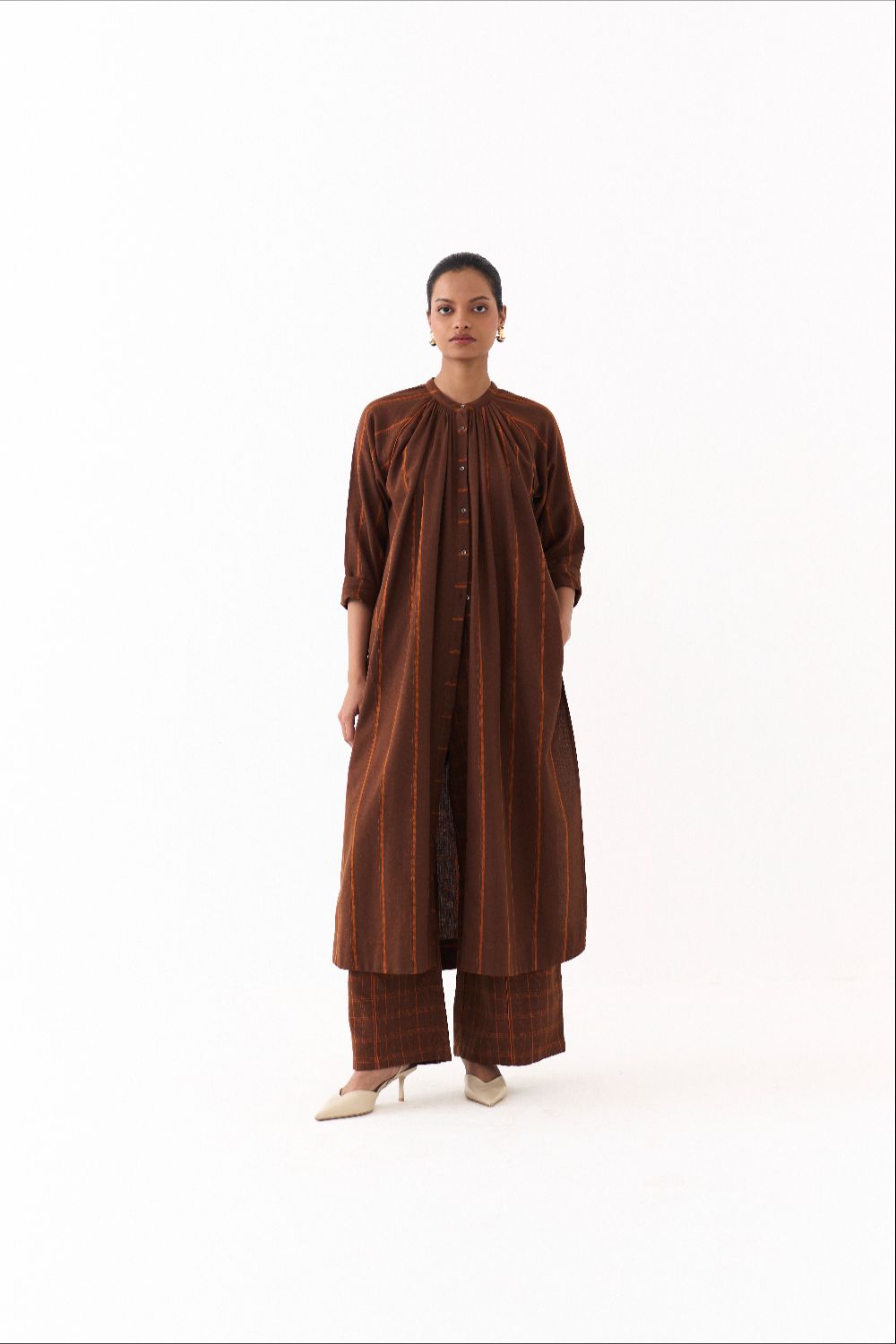 GATHER NECK CO ORD (SET OF 2)-BROWN AND RUST STRIPE