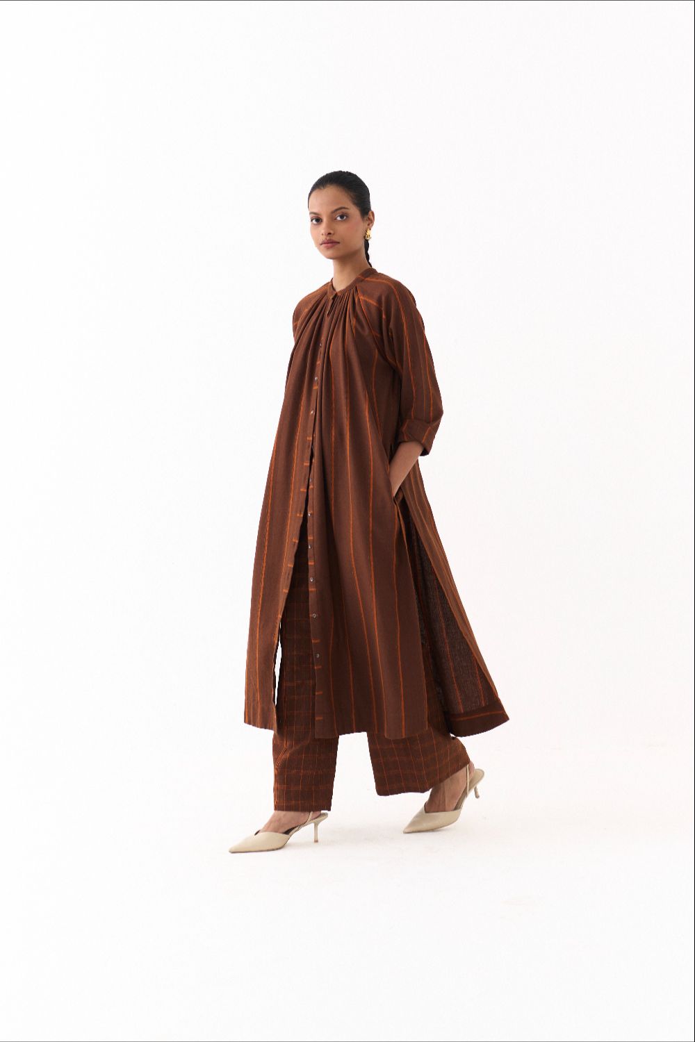 GATHER NECK CO ORD (SET OF 2)-BROWN AND RUST STRIPE