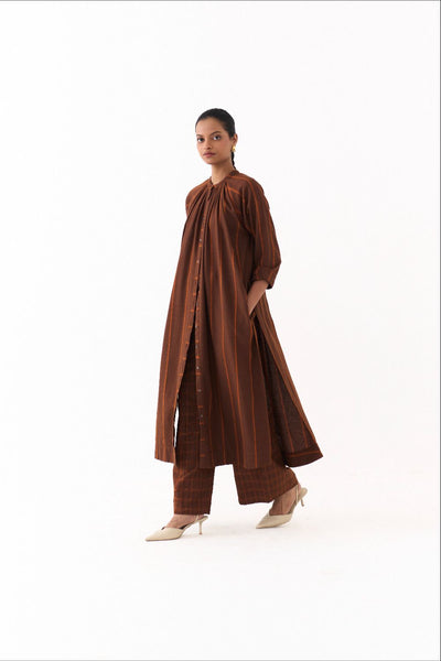 GATHER NECK CO ORD (SET OF 2)-BROWN AND RUST STRIPE