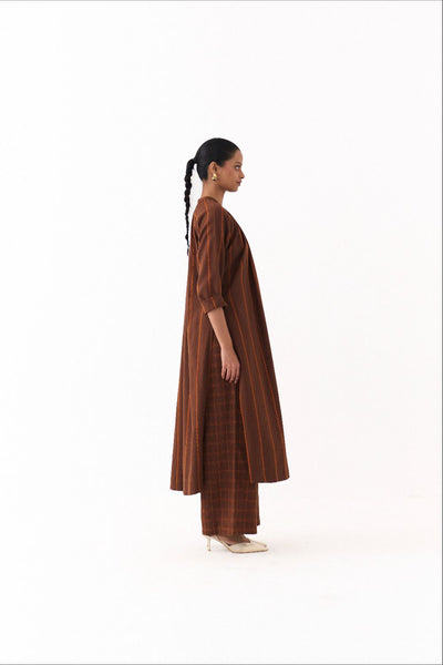 GATHER NECK CO ORD (SET OF 2)-BROWN AND RUST STRIPE