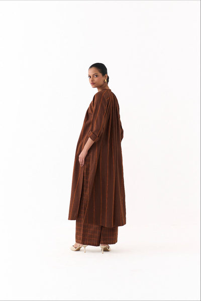 GATHER NECK CO ORD (SET OF 2)-BROWN AND RUST STRIPE