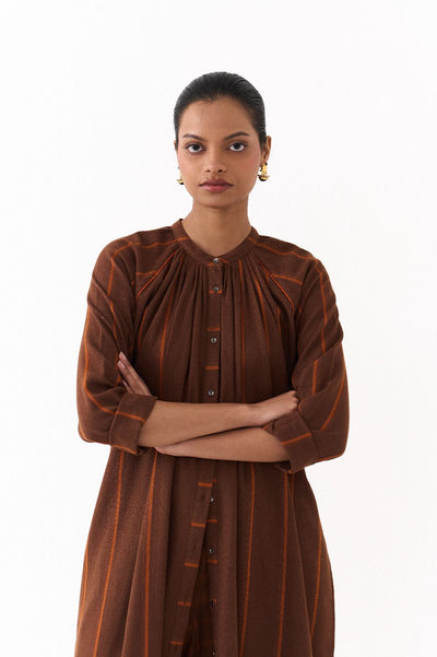 GATHER NECK CO ORD (SET OF 2)-BROWN AND RUST STRIPE