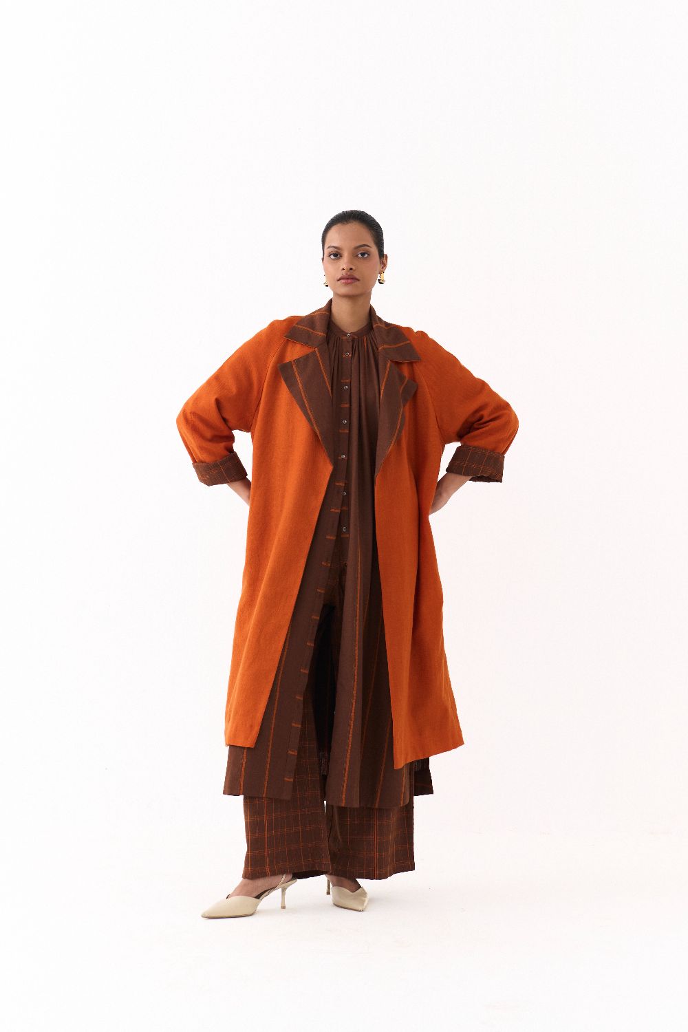 TRENCH JACKET CO ORD (SET OF 3)-BROWN AND RUST STRIPE