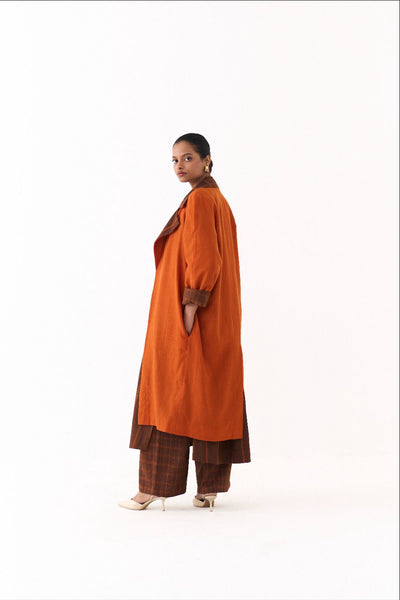 TRENCH JACKET-RUST; 
BROWN AND RUST STRIPE AND 
BROWN AND RUST CHECK