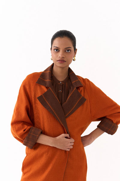 TRENCH JACKET CO ORD (SET OF 3)-BROWN AND RUST STRIPE