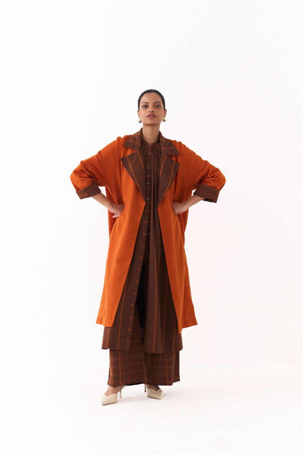 TRENCH JACKET-RUST; 
BROWN AND RUST STRIPE AND 
BROWN AND RUST CHECK