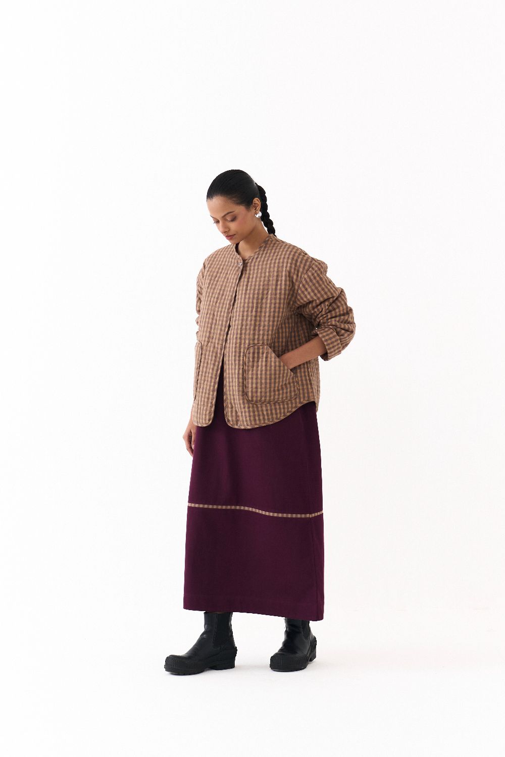 U HEM QUILTED JACKET CO ORD (SET OF 2)-CARAMEL & TWILL