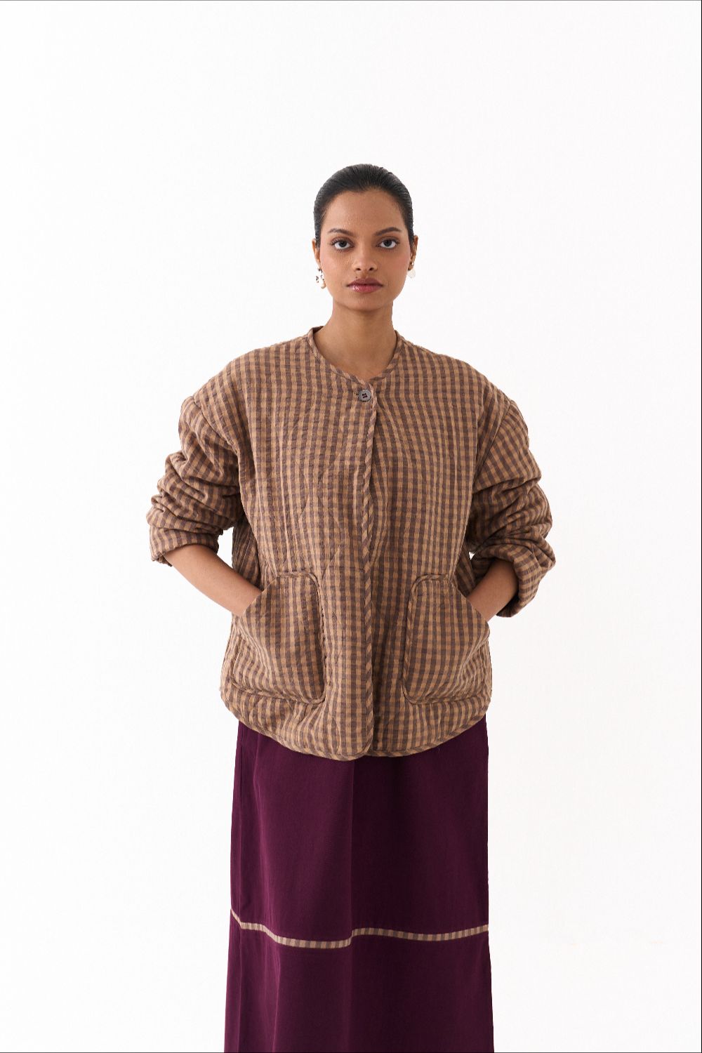 U HEM QUILTED JACKET CO ORD (SET OF 2)-CARAMEL & TWILL