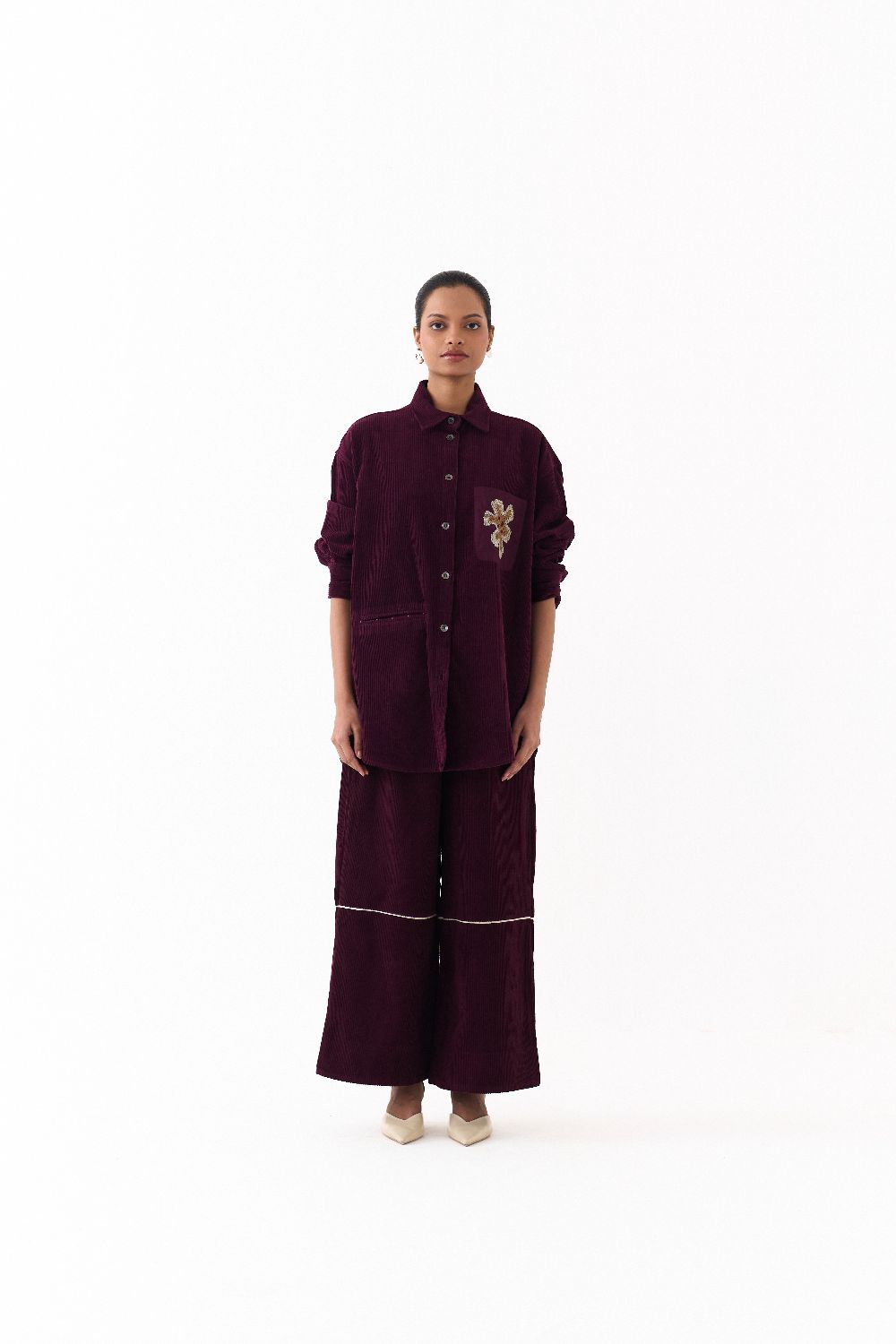 OVERSIZED U HEM SHIRT CO ORD (SET OF 2)-WINE