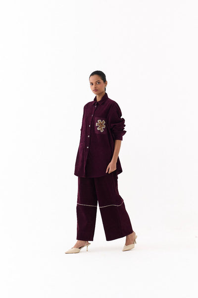 OVERSIZED U HEM SHIRT CO ORD (SET OF 2)-WINE