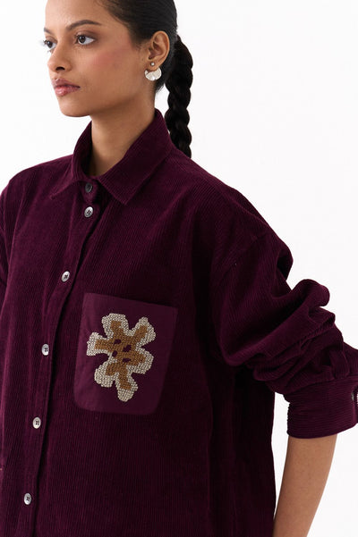 OVERSIZED U HEM SHIRT CO ORD (SET OF 2)-WINE