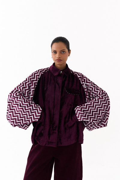 SHORT BAT SLEEVE JACKET CO ORD (SET OF 2)-WINE