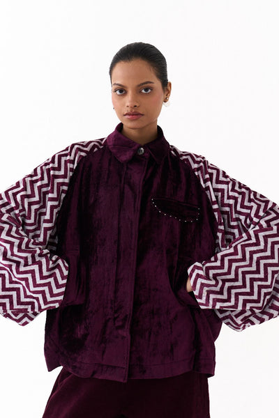 SHORT BAT SLEEVE JACKET CO ORD (SET OF 2)-WINE