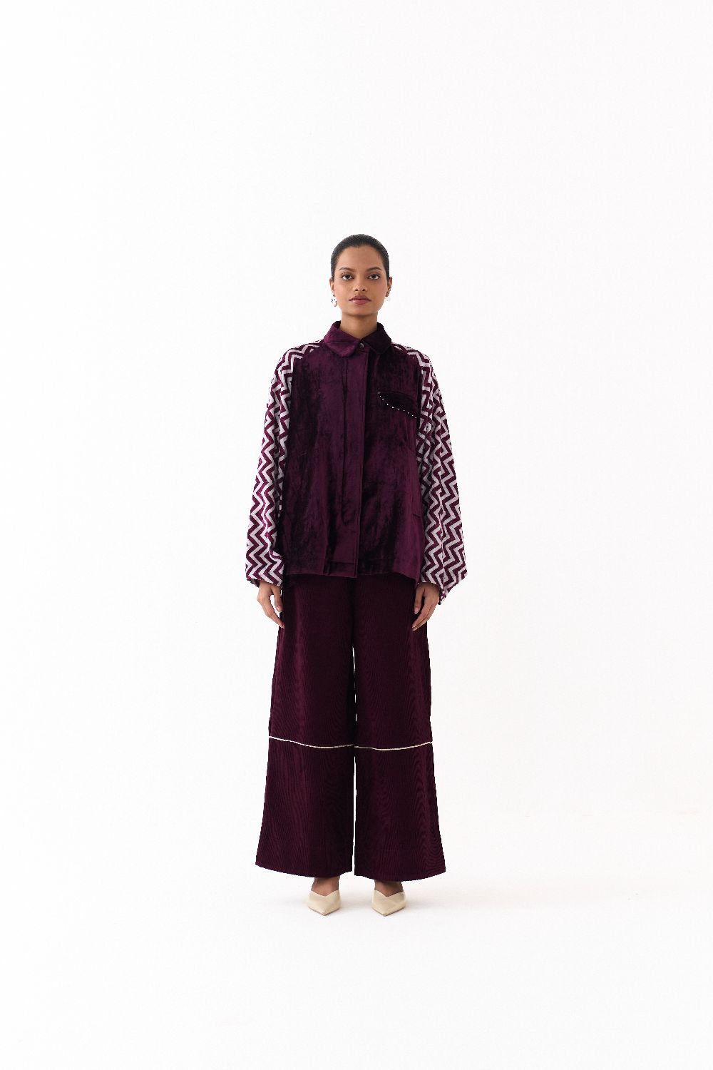 SHORT BAT SLEEVE JACKET CO ORD (SET OF 2)-WINE