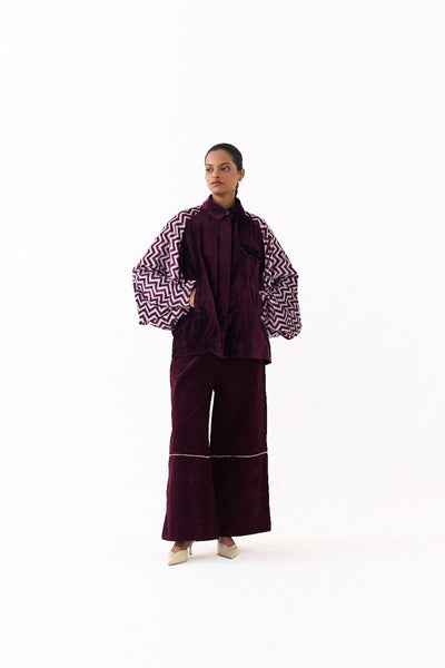 SHORT BAT SLEEVE JACKET CO ORD (SET OF 2)-WINE