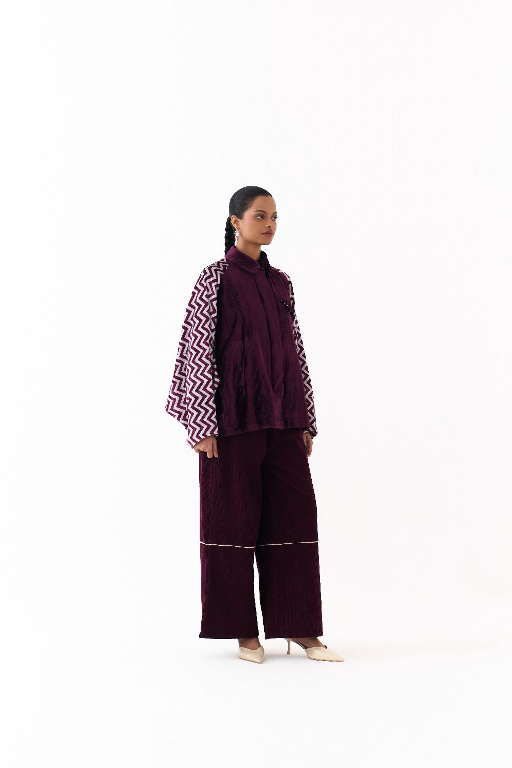 SHORT BAT SLEEVE JACKET CO ORD (SET OF 2)-WINE