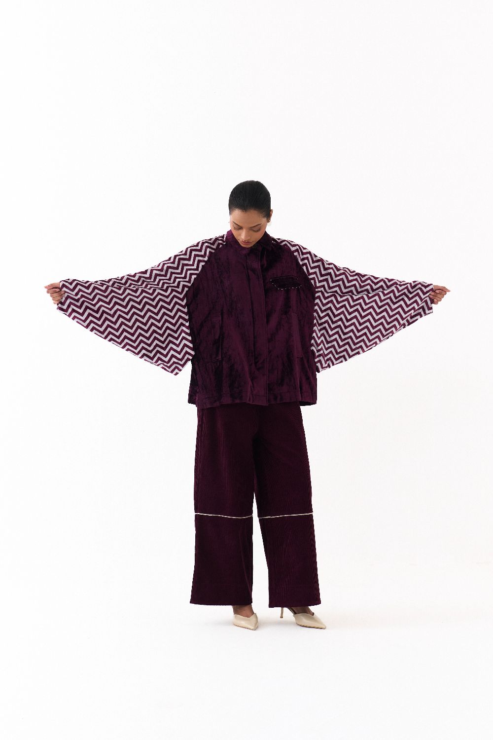 SHORT BAT SLEEVE JACKET CO ORD (SET OF 2)-WINE