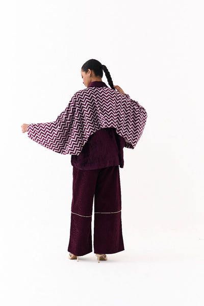 SHORT BAT SLEEVE JACKET CO ORD (SET OF 2)-WINE