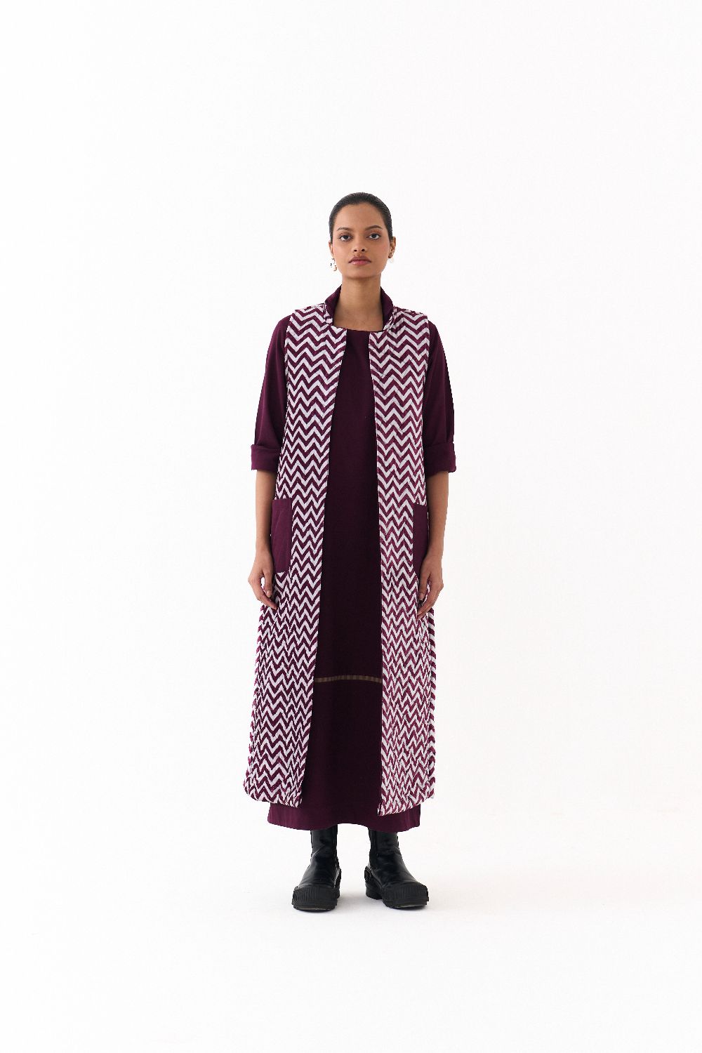 BACK PLEAT JACKET CO ORD (SET OF 2)-WINE