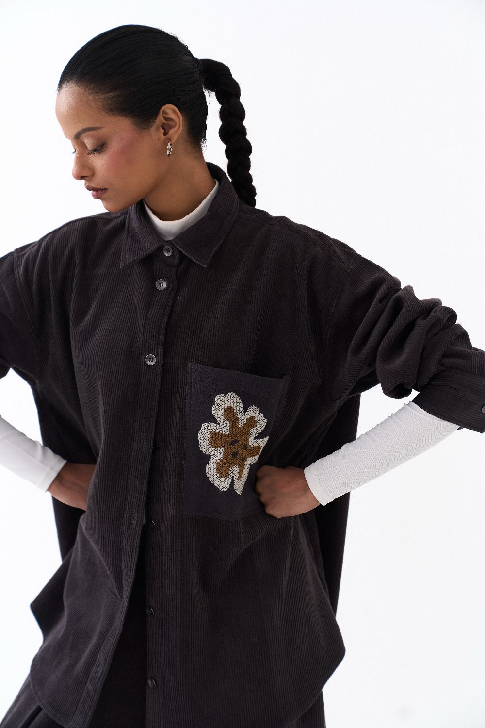 OVERSIZED U HEM SHIRT-GREY