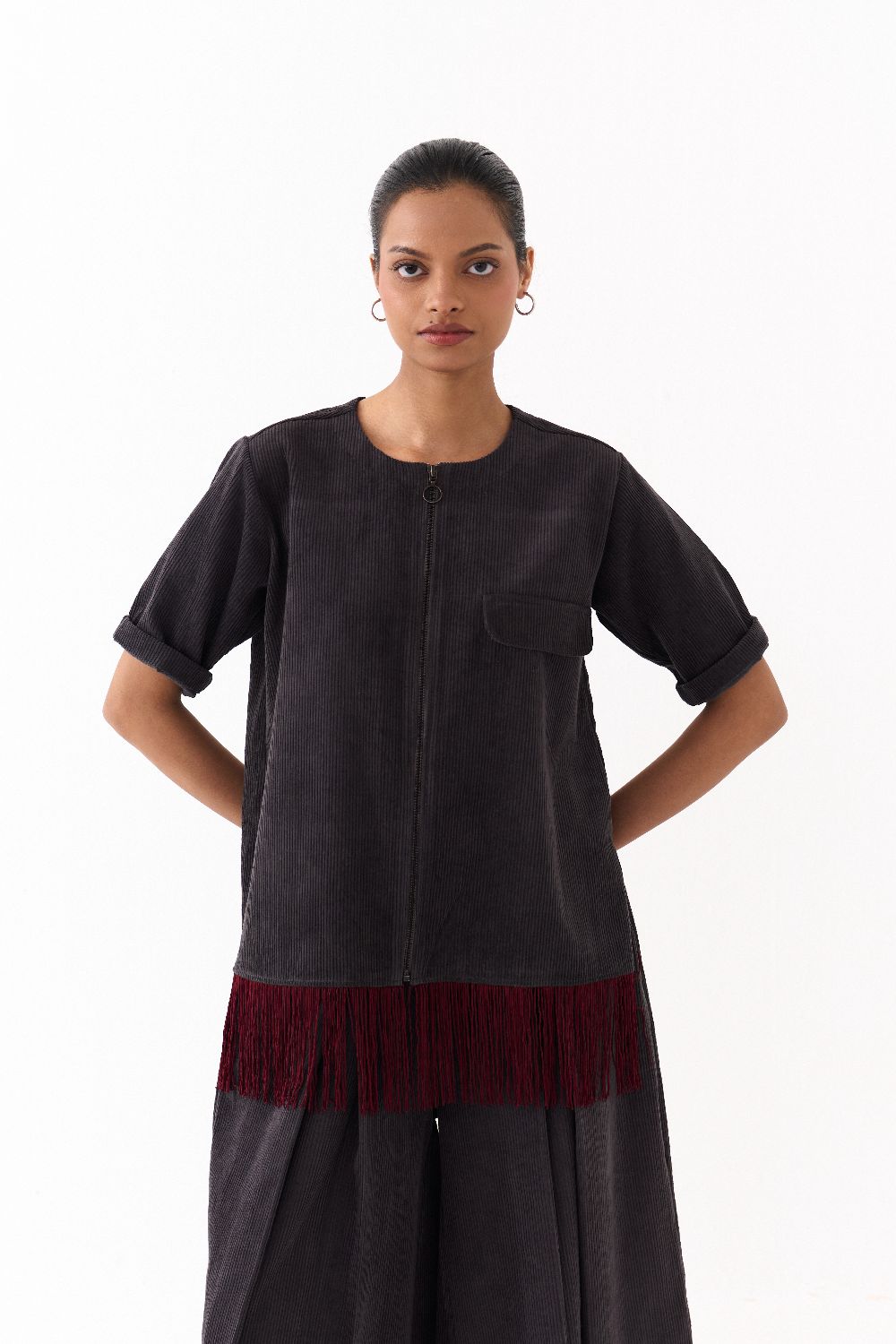 FRINGE SHACKET CO-ORD (SET OF 2)-OLIVE STRIPE