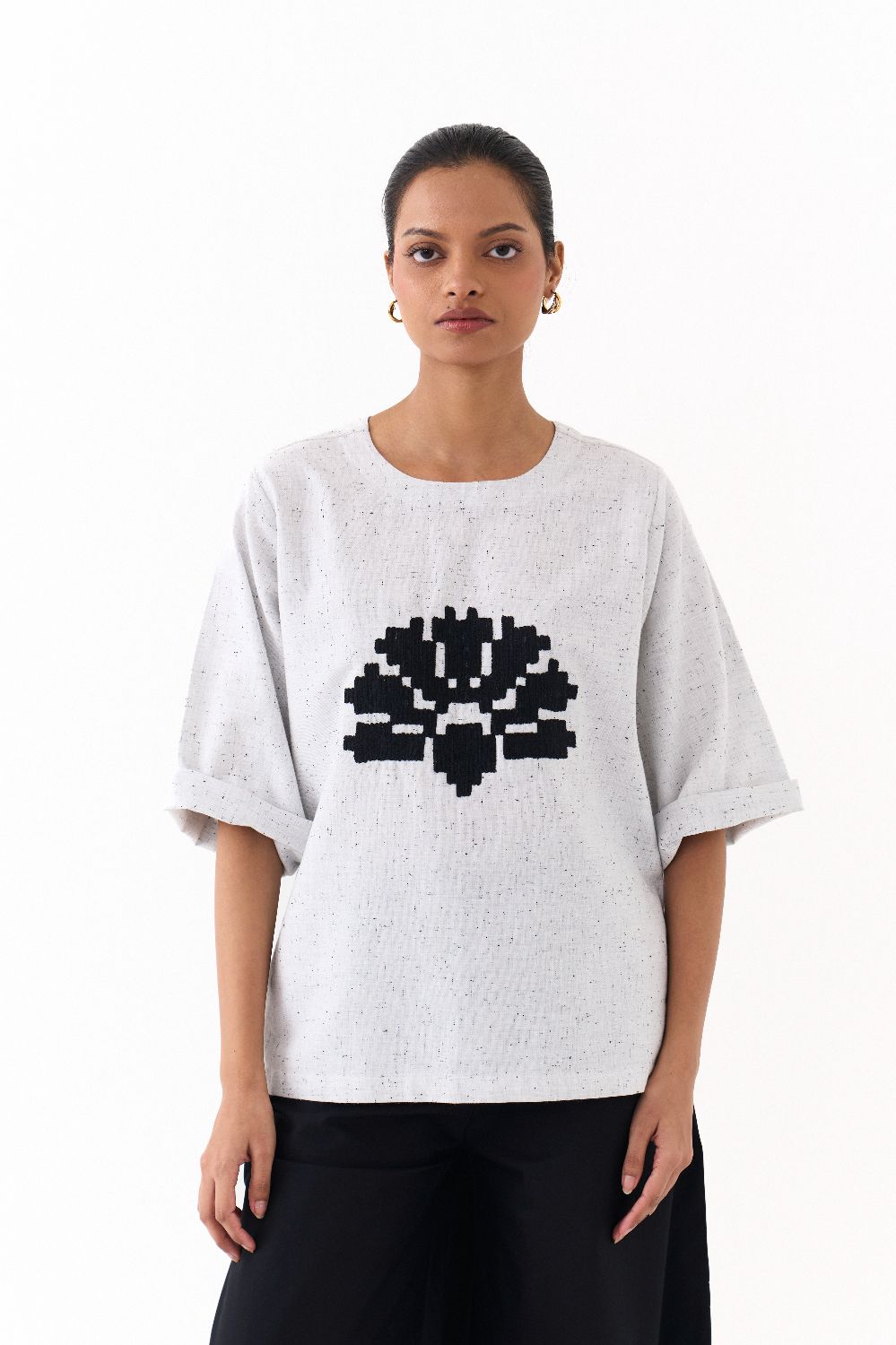 WAVE EMB. TOP CO-ORD (SET OF 2)-IVORY & GREY