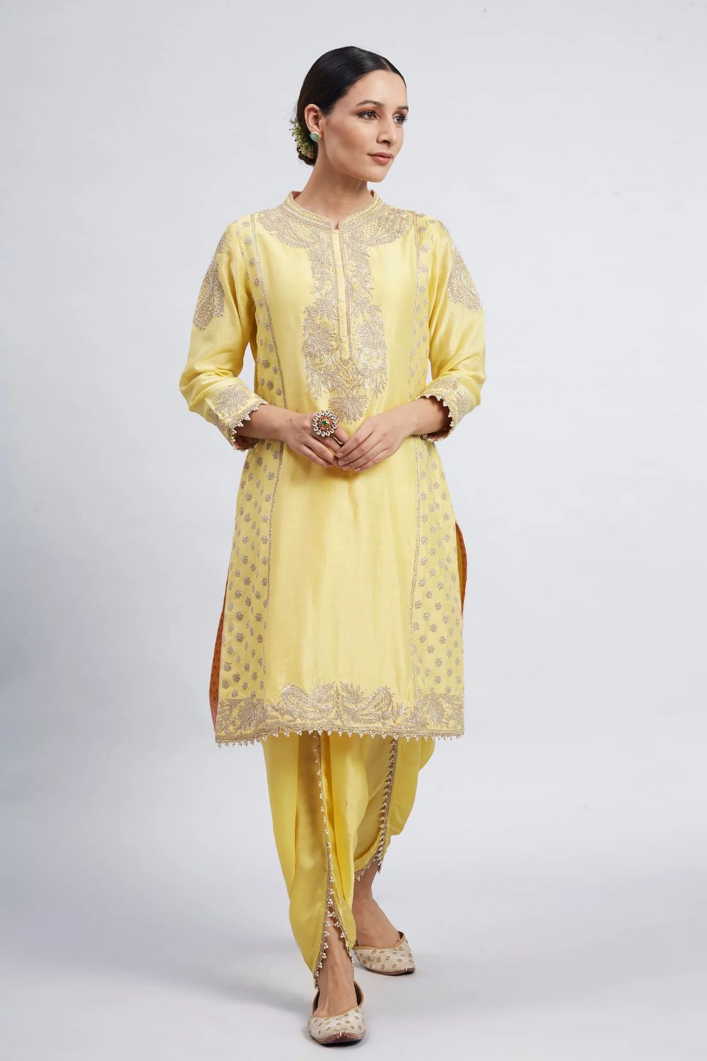 Aabish Short kurta with dhoti-Daffodil yellow