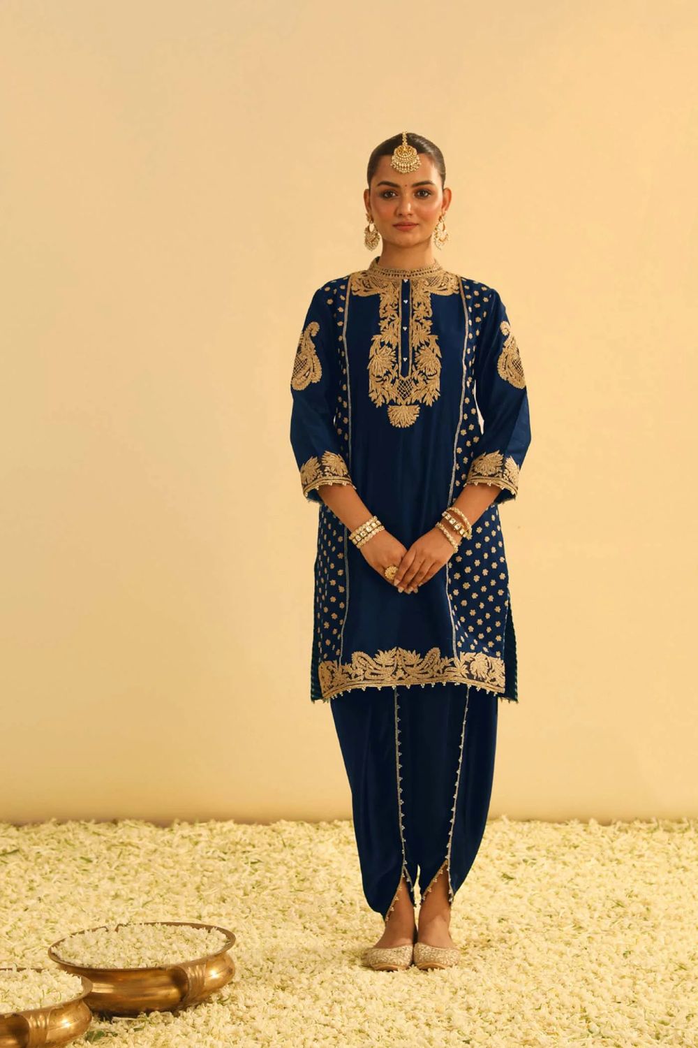 Aabish Short kurta with dhoti-Deep blue