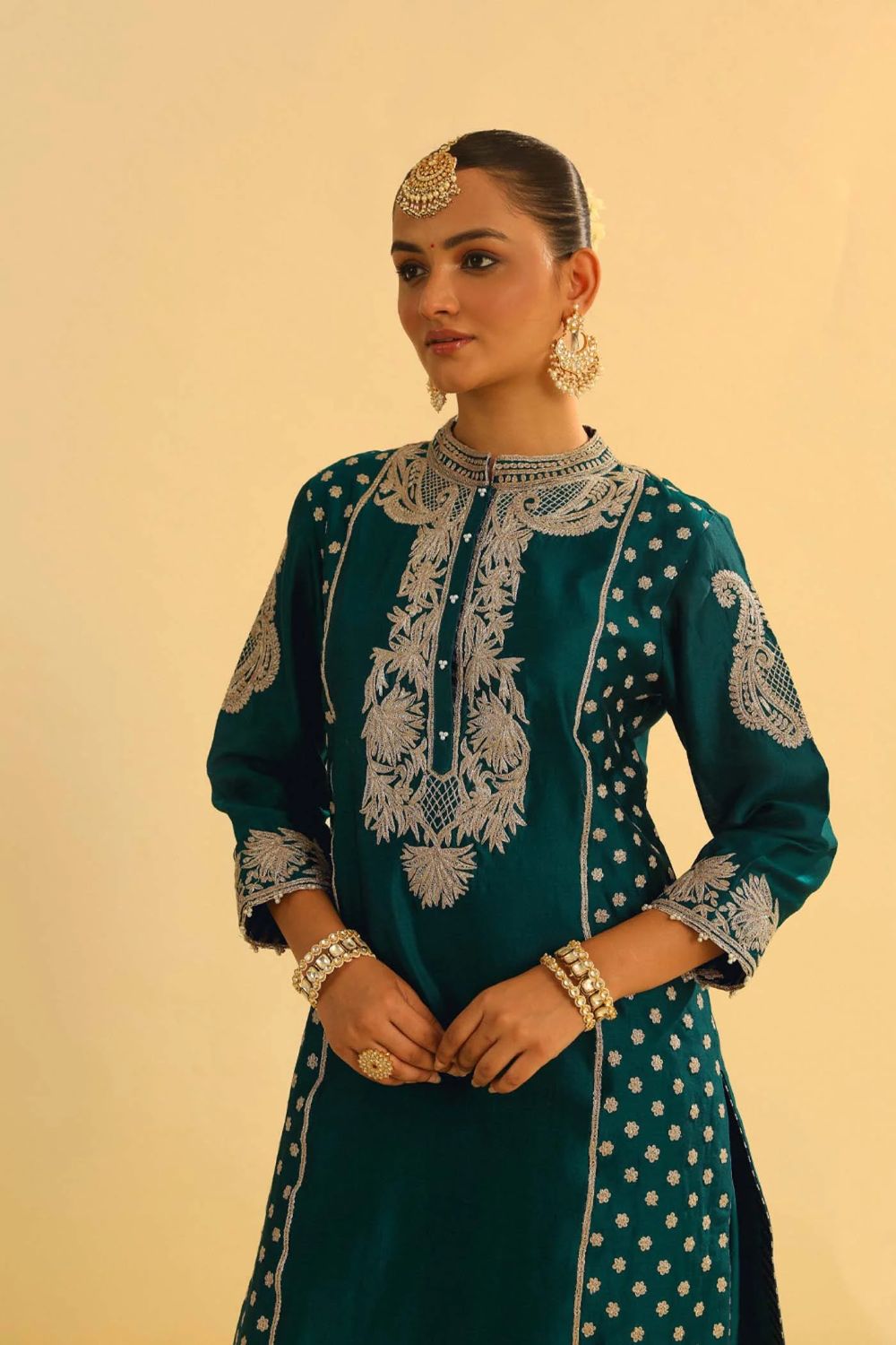 Aabish Short kurta with dhoti-Emerald green
