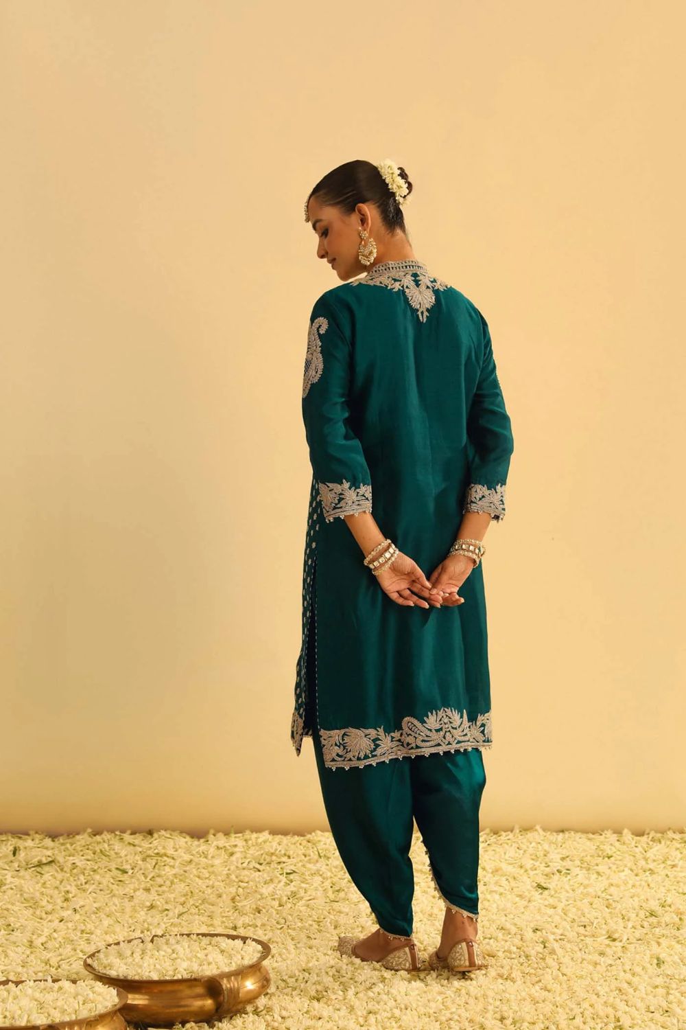 Aabish Short kurta with dhoti-Emerald green