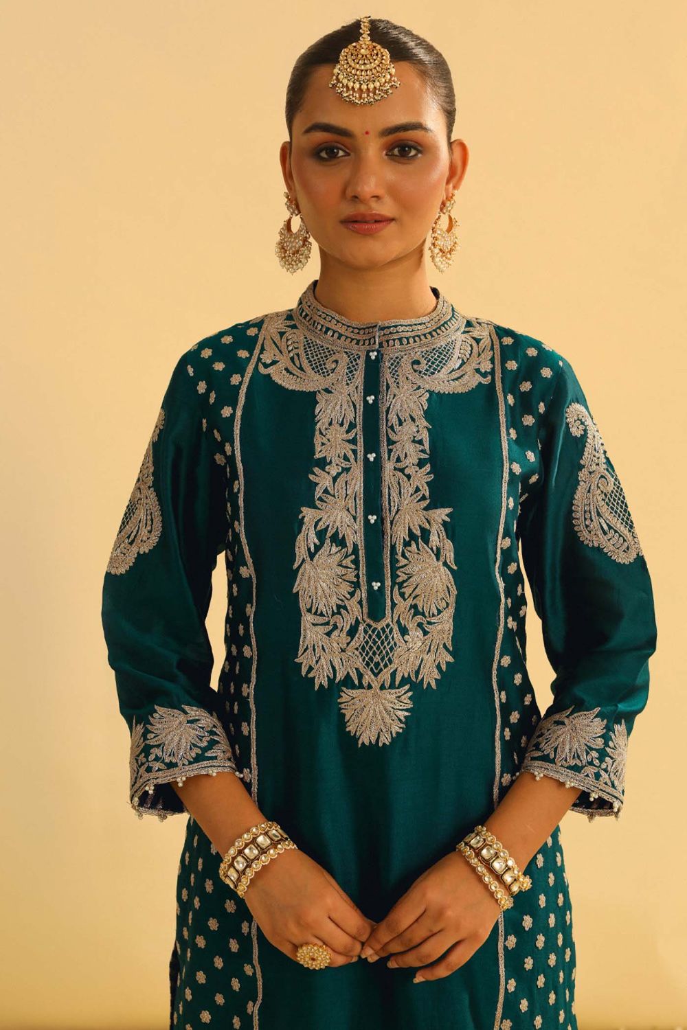 Aabish Short kurta with dhoti-Emerald green