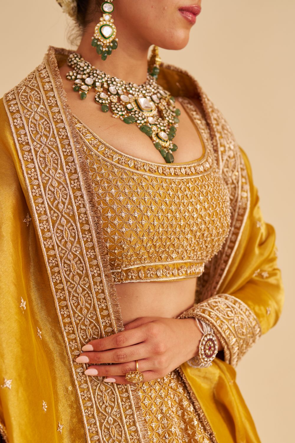 Aashina  - Dabka Zardozi Embroidered Pure Tissue Mustard Lehenga Set