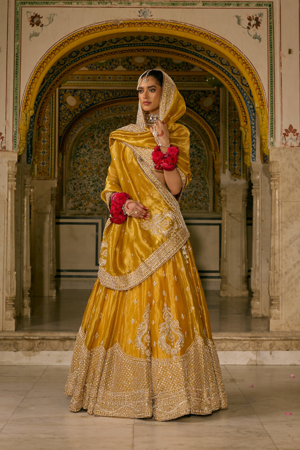 Aashina  - Dabka Zardozi Embroidered Pure Tissue Mustard Lehenga Set