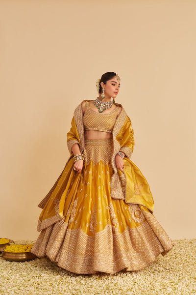 Aashina  - Dabka Zardozi Embroidered Pure Tissue Mustard Lehenga Set
