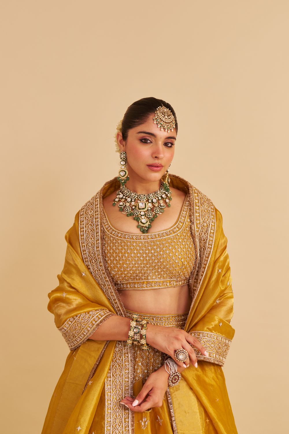 Aashina  - Dabka Zardozi Embroidered Pure Tissue Mustard Lehenga Set